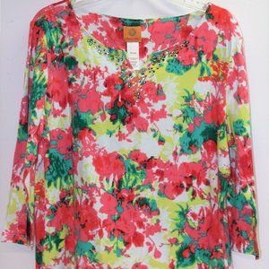 Ruby Rd Ladies Knit Pullover Top 3/4 Sleeves ~ Coral Teal Yellow White ~ Size XL